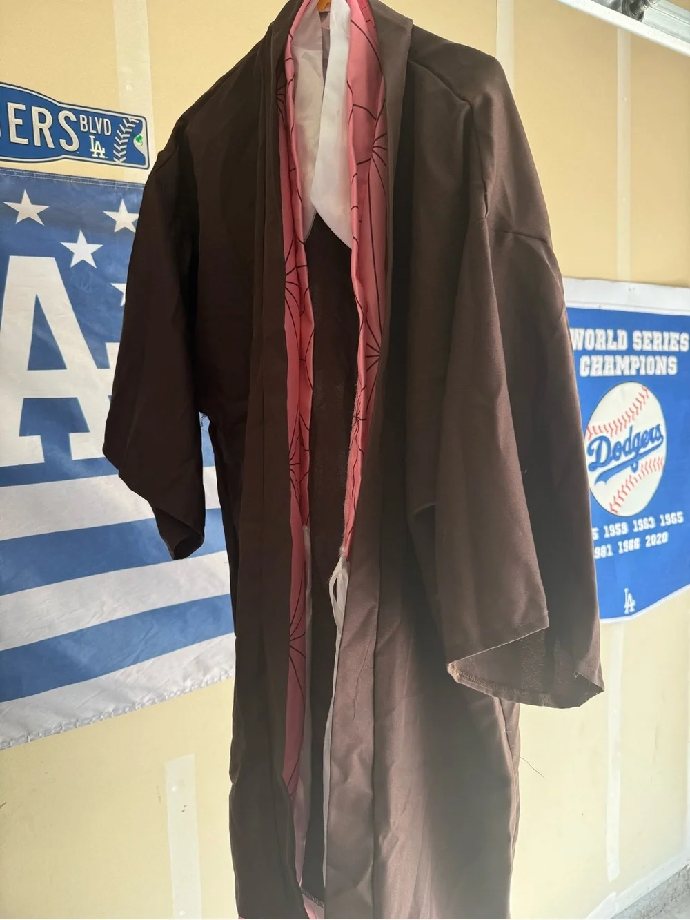 Kids Brown Kimono-Style Halloween Costume with Pink Trim